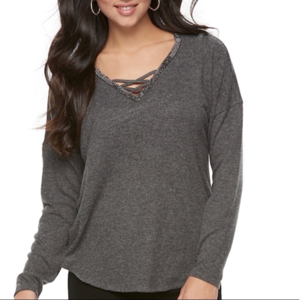 Jennifer Lopez | Charcoal V-neck Rhinestone Top